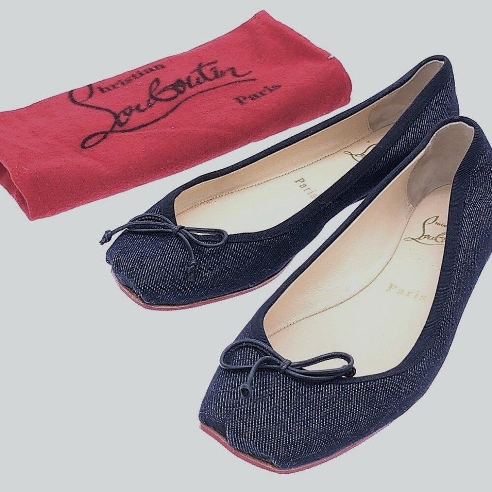 RARE Christian Louboutin blue denim ballet flats Rosella square toe